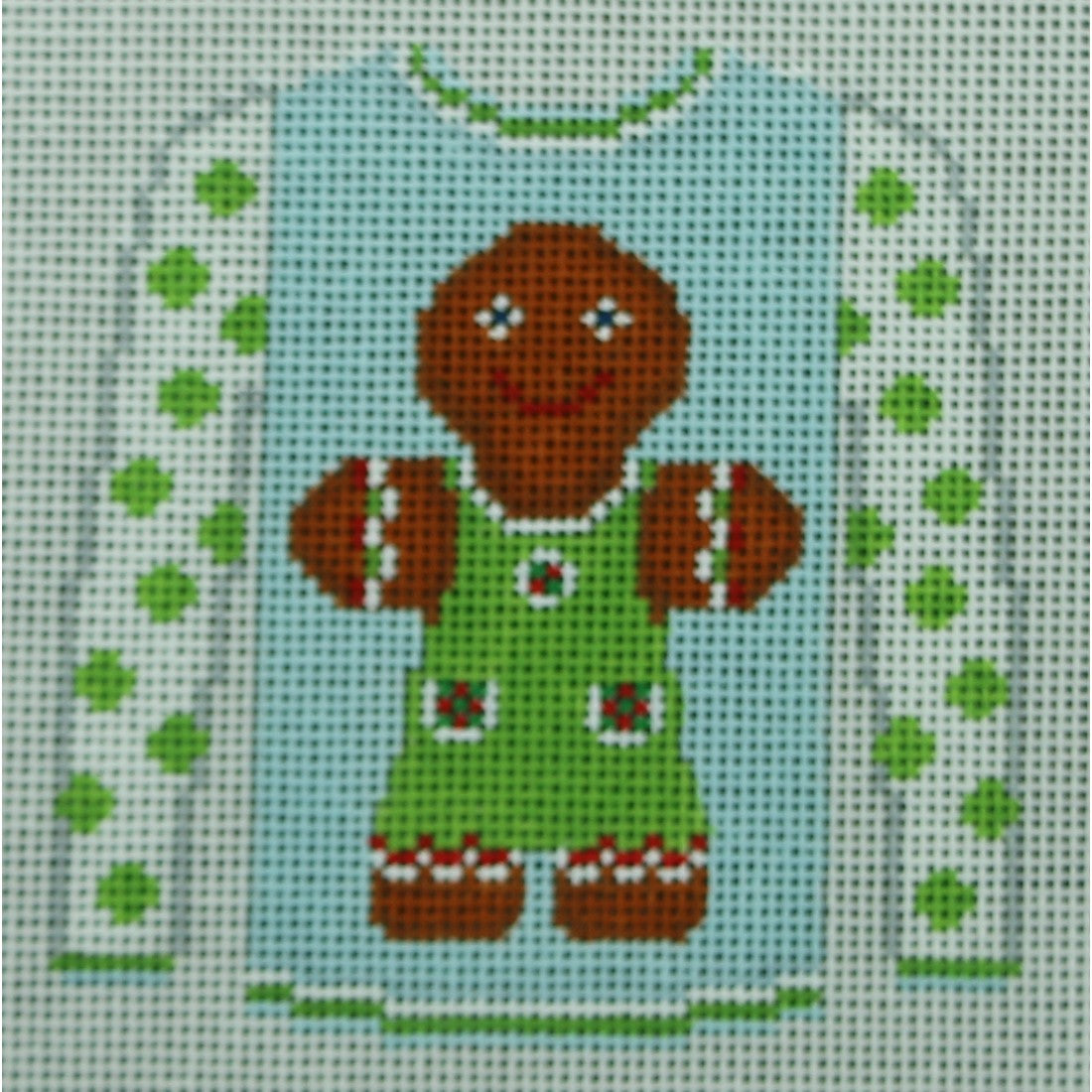 KKO199AA Gingerbread Girl on Blue with Green Dot Sleeves 3.625 x 3.75