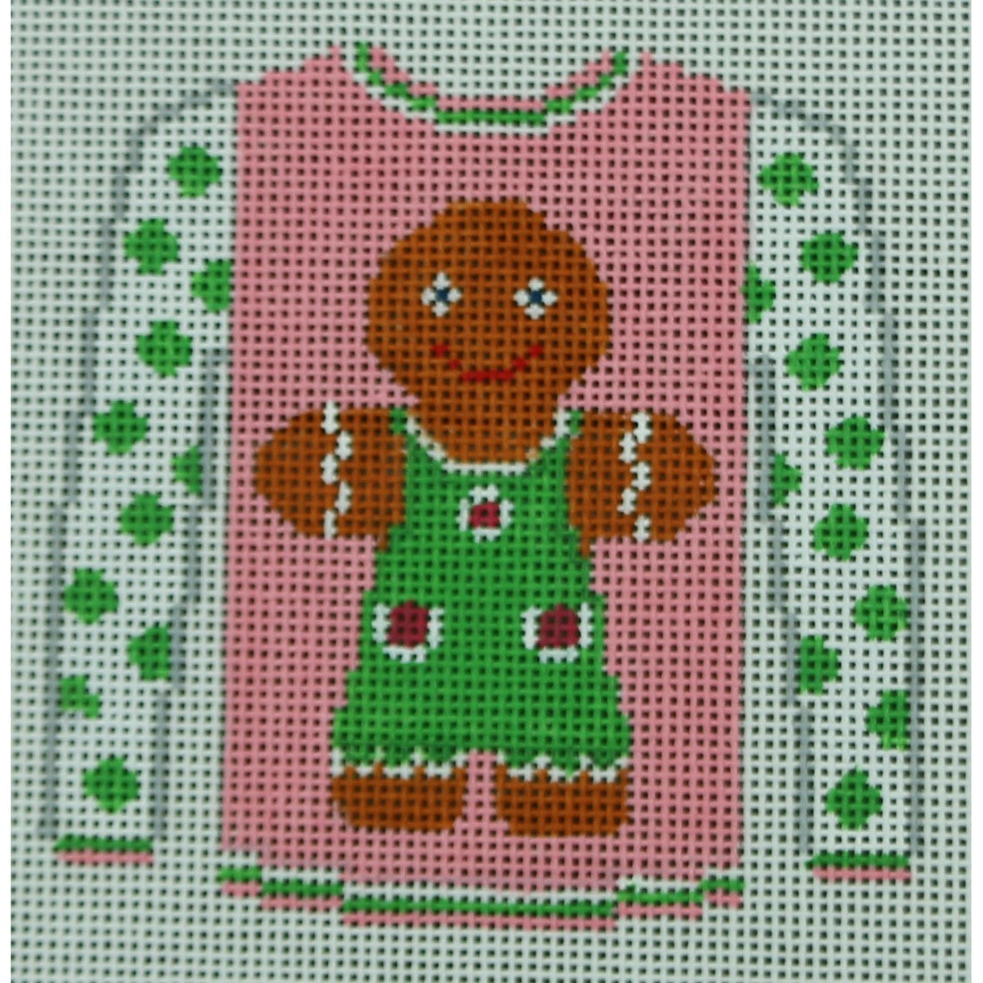 KKO199G Gingerbread Girl on Pink with Green Dot Sleeves 3.625 x 3.75
