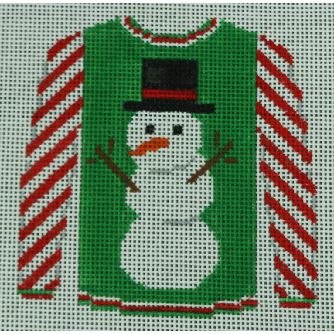 KKO199Q Snowman on Green with Red Striped Sleeves 3.625 x 3.75