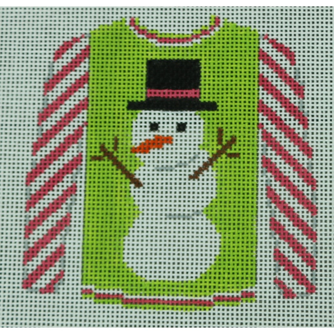 KKO199R Snowman on Lime with Hot Pink Striped Sleeves 3.625 x 3.75