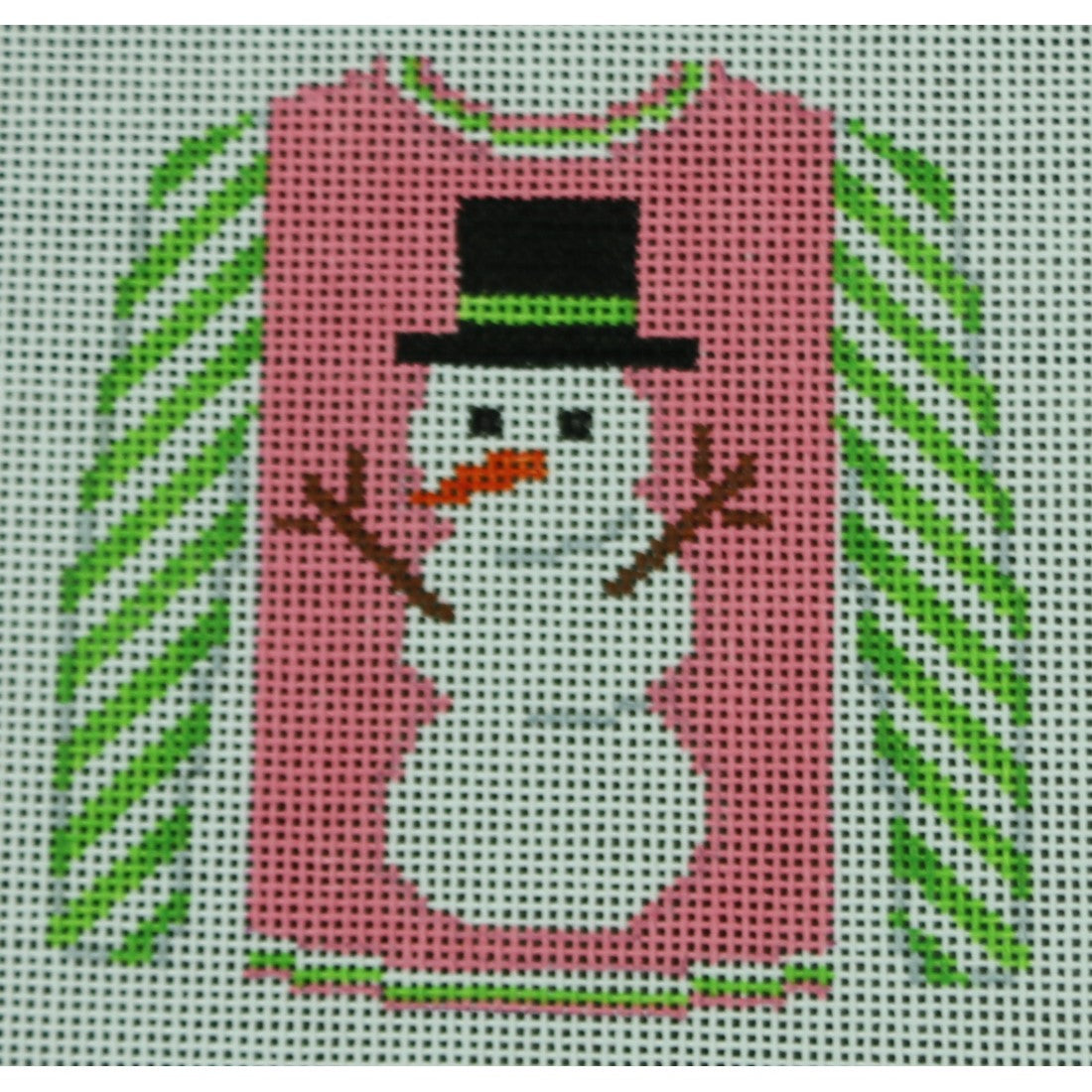 KKO199S Snowman on Pink with Lime Striped Sleeves 3.625 x 3.75
