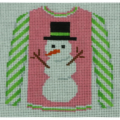 KKO199S Snowman on Pink with Lime Striped Sleeves 3.625 x 3.75