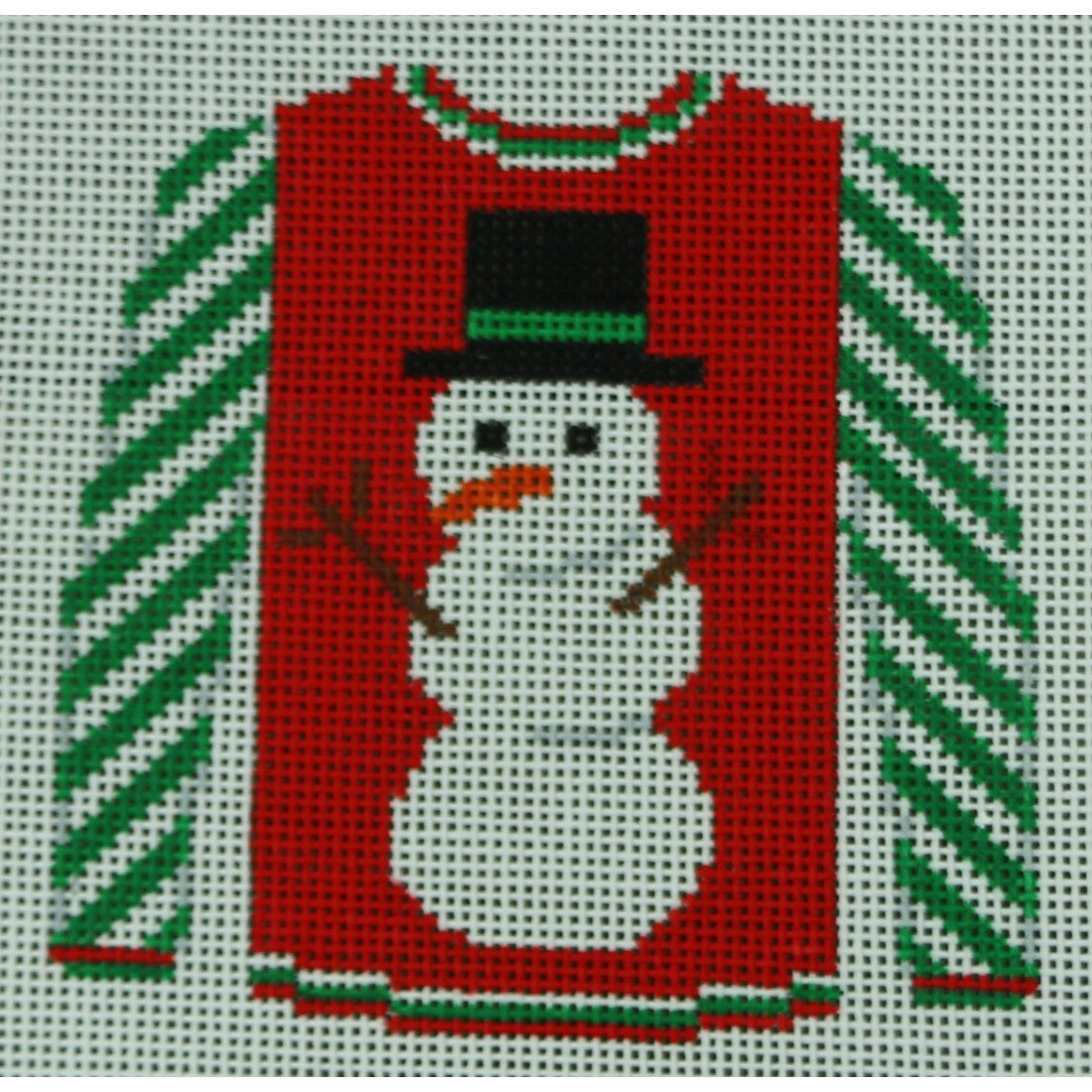 KKO199T Snowman on Red with Green Striped Sleeves 3.625 x 3.75
