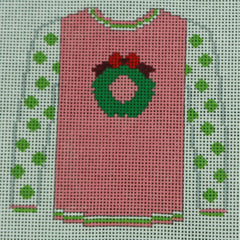 KKO199W Wreath on Pink with Lime Polka Dot Sleeves 3.625 x 3.75