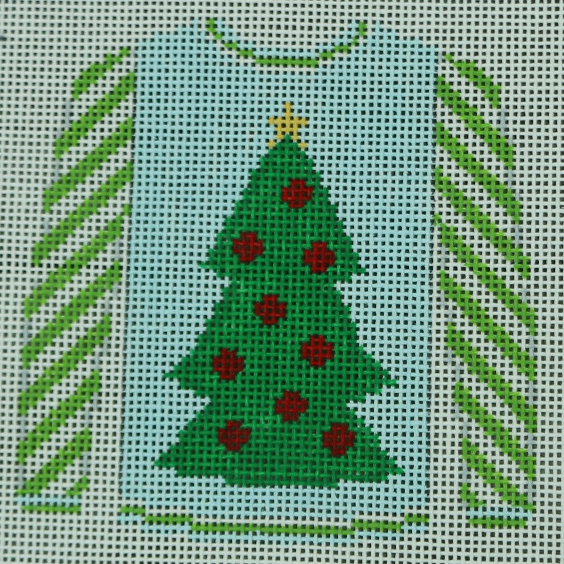 KKO199X Christmas Tree on Blue with Lime Striped Sleeves 3.625 x 3.75
