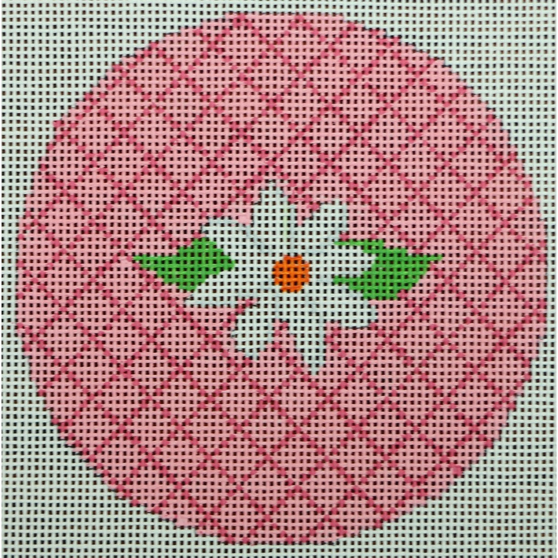 KKO207A white flower on pink lattice 4.125" round