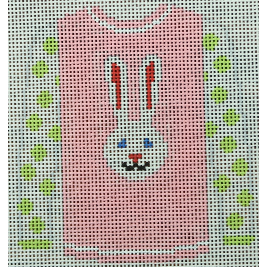 KKO208C Long Eared White Bunny on Pink with Green Dot Sleeves 3.75 x 3.625