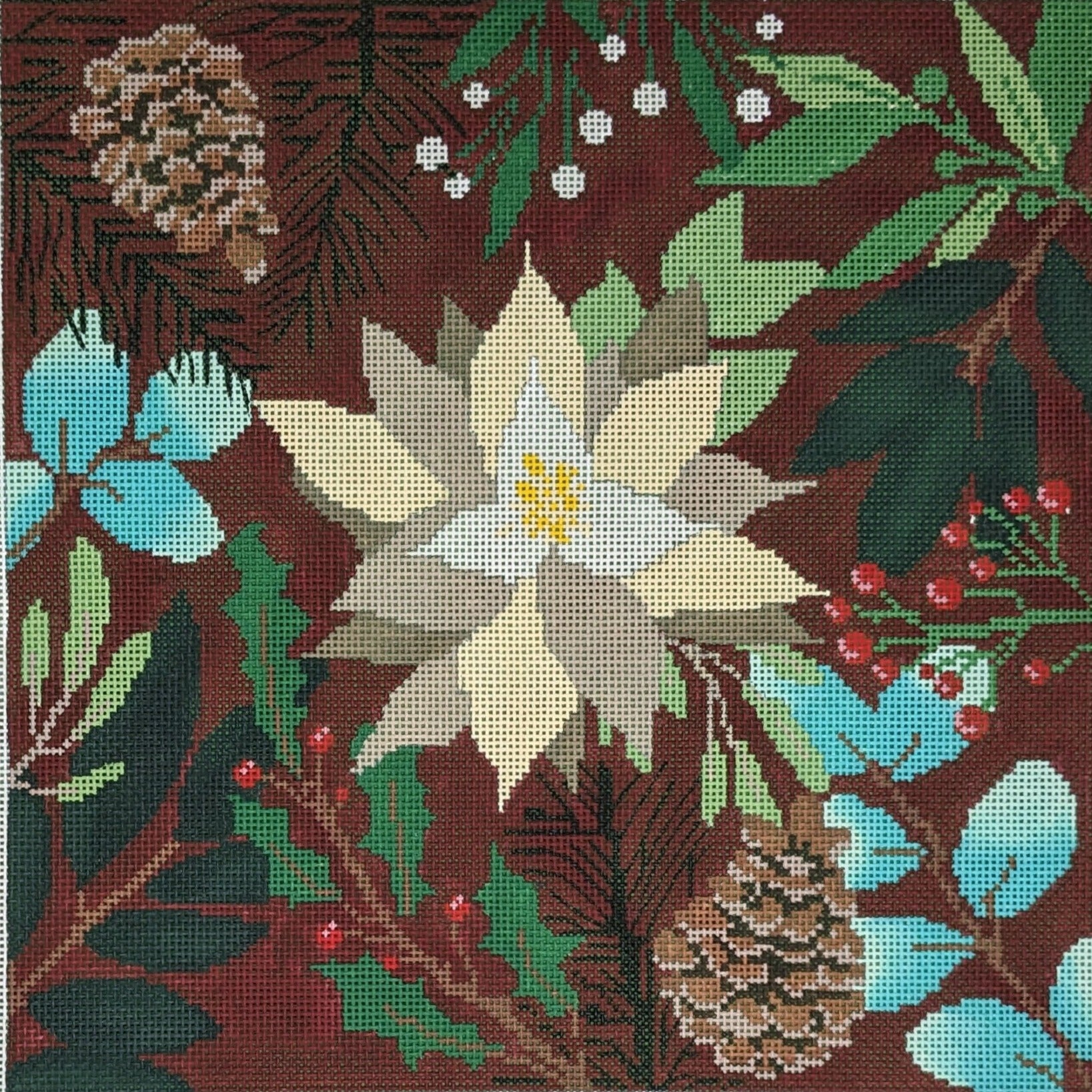 LL-PW-7a Botanical Pillow--Red with White Flower