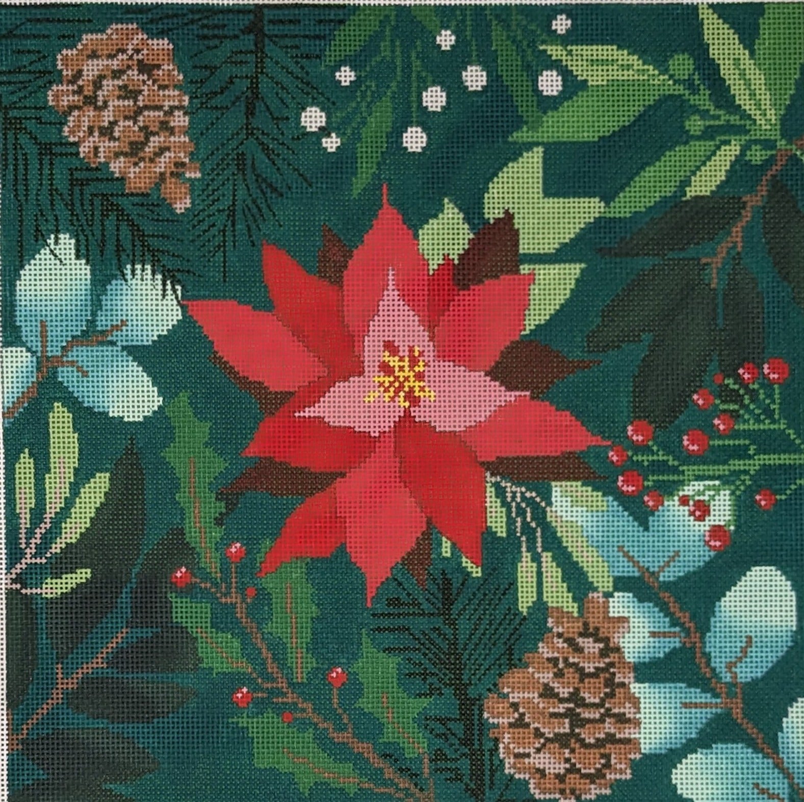 LL-PW-7b Botanical Pillow-Green w/ Red Flower