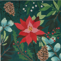 LL-PW-7b Botanical Pillow-Green w/ Red Flower
