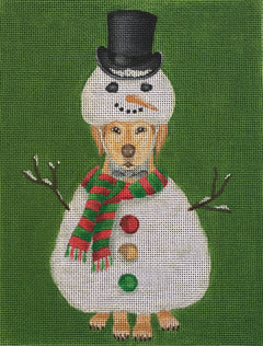 Fab Funky whimsical needlepoint canvas of a yellow labrador retriever dog wearing a snowman costume with top hat and red and green scarf