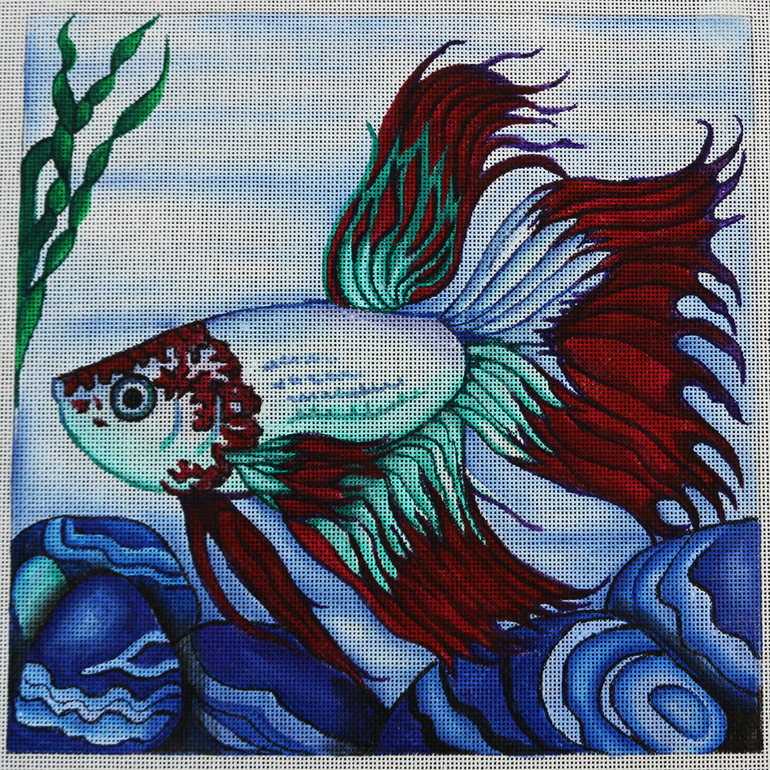 R301 18     Red, teal, and light blue fish w/ seaweed