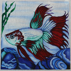 R301 18     Red, teal, and light blue fish w/ seaweed