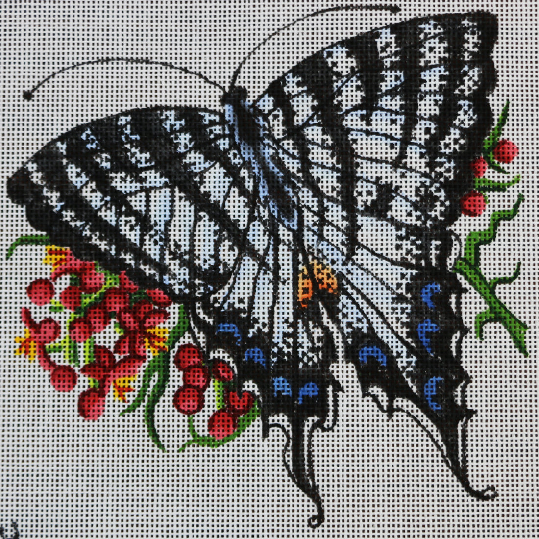 R314 Blue/White/Black Butterfly w Red Flowers