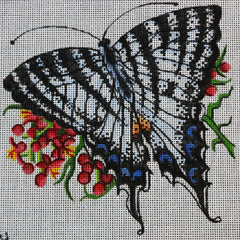 R314 Blue/White/Black Butterfly w Red Flowers
