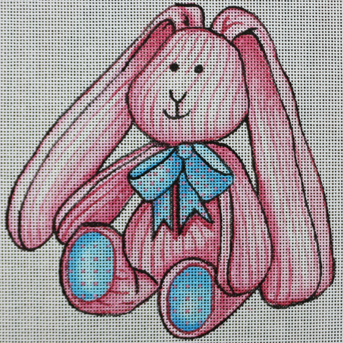 R583 pink and white striped bunny w/ blue bowtie and feet
