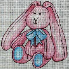 R583 pink and white striped bunny w/ blue bowtie and feet