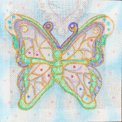 R897 white, green butterfly w/ blue and white background