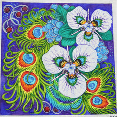 R932 White flowers w/ peacock feathers
