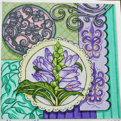 R936 Purple flower w/ green and patchwork background