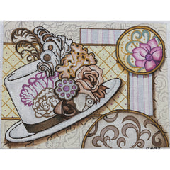 R973 White Top hat w/ feathers on a yellow background