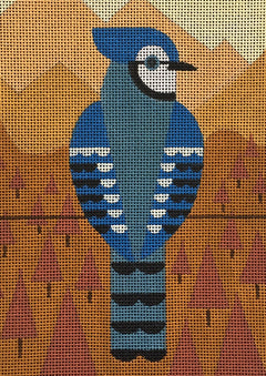 Scott Partridge needlepoint canvas of a geometric blue jay on a wire with orange geometric trees and mountains in the background for a fall and autumnal landscape