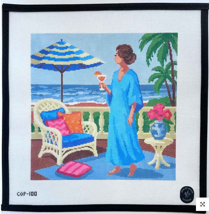 GOP-100 Coastal Terrace Elegance Needlepoint Canvas - Hand Painted Woman in Blue Caftan Palm Beach Scene