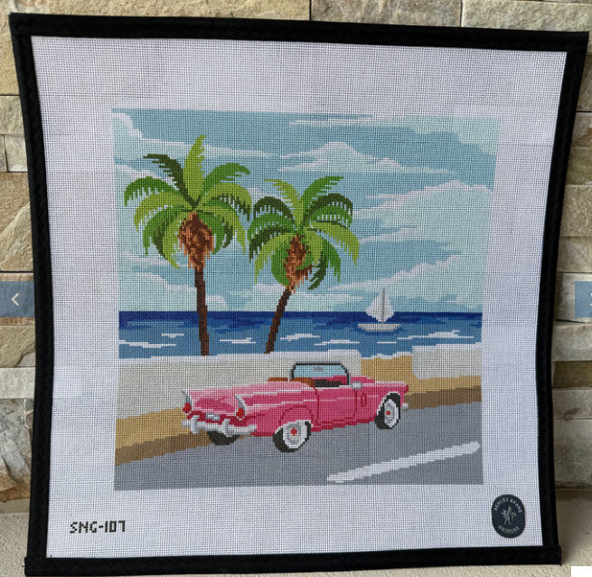 SNG-107 Top Down, No Plans – Hand Painted Pink Convertible Needlepoint Canvas