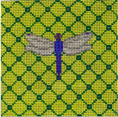 Vallerie Needlepoint Gallery needlepoint canvas of a dragonfly on a green geometric background sized for a coaster