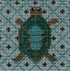 Vallerie Needlepoint Gallery square needlepoint canvas of a turquoise and aqua turtle on a blue geometric background sized for self-finishing boxes (insert)