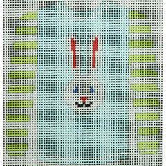 KKO208H Long Ear White Bunny on Blue with Green Striped Sleeves 3.75 x 3.625