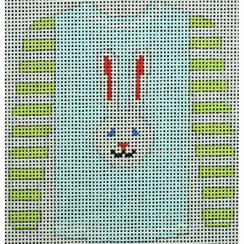 KKO208H Long Ear White Bunny on Blue with Green Striped Sleeves 3.75 x 3.625