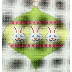 KKO218AD bauble with 3 white bunnies on green and yellow 3.5 x 3.5
