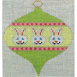 KKO218AD bauble with 3 white bunnies on green and yellow 3.5 x 3.5