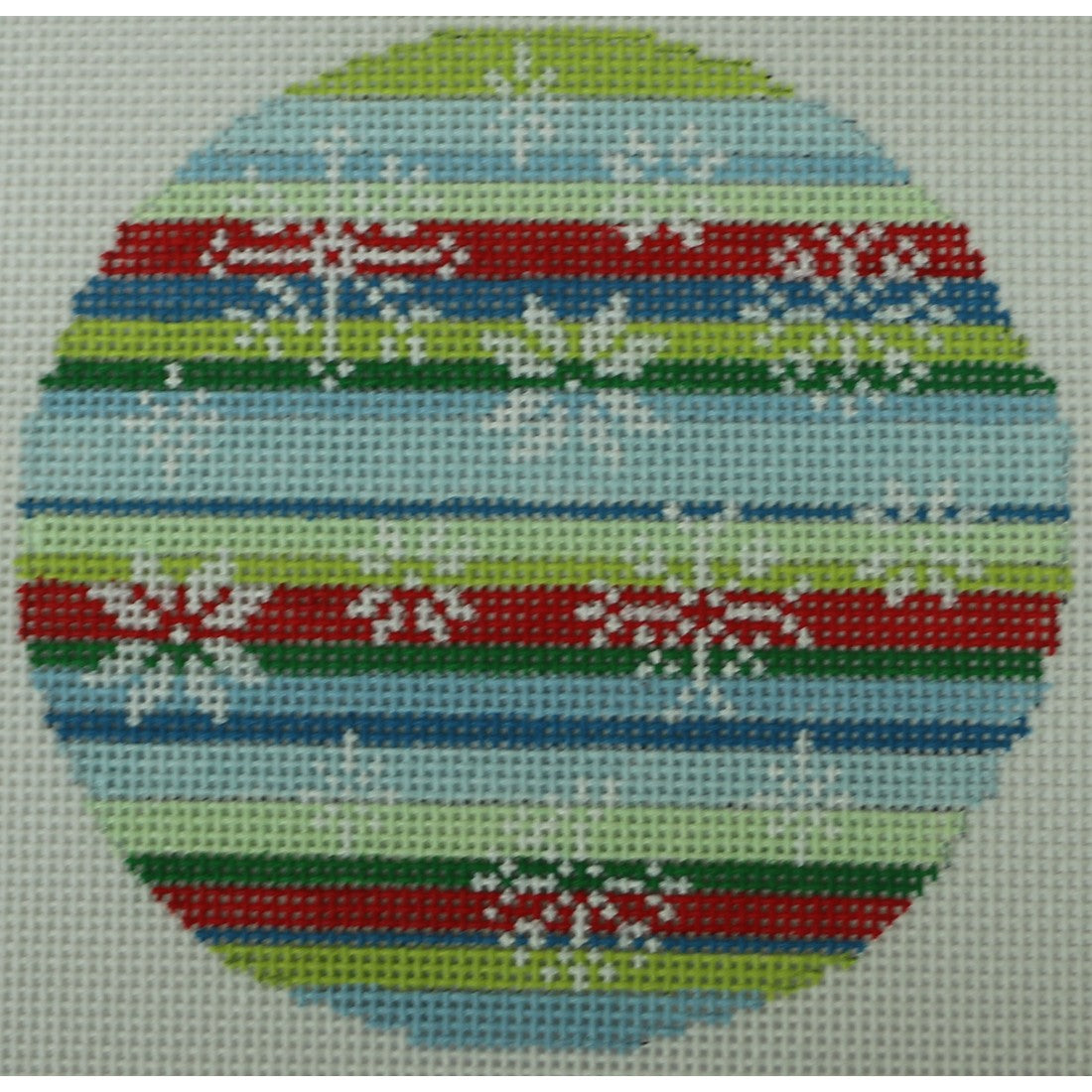 KKO264A snowflakes on blue green red stripes ornament 4" round