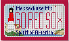 CBK needlepoint canvas of a Massachusetts license plate with lighthouse saying "go red sox" for the Boston baseball team
