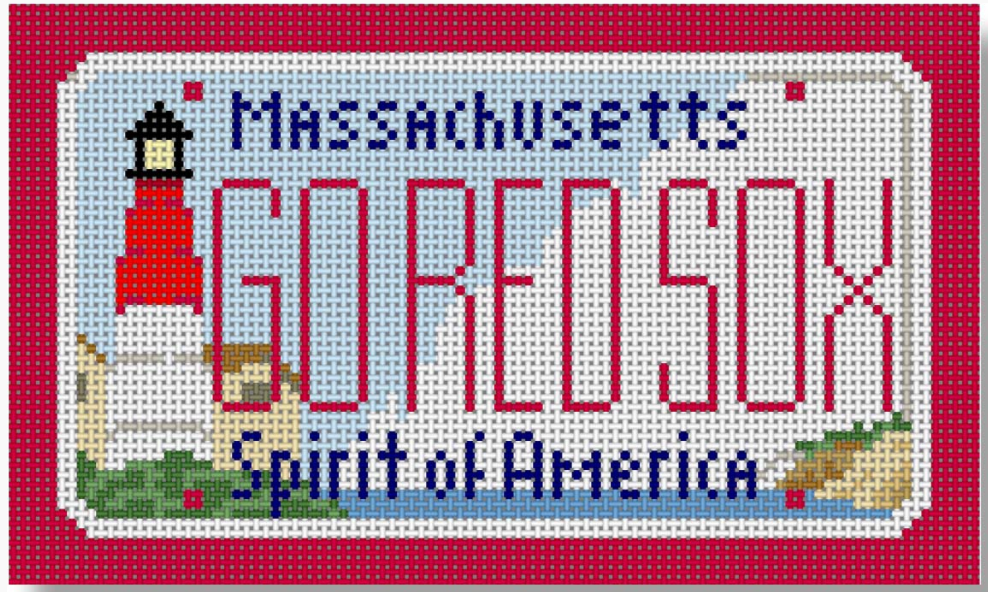 CBK needlepoint canvas of a Massachusetts license plate with lighthouse saying "go red sox" for the Boston baseball team