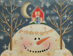 Vallerie Needlepoint Gallery needlepoint canvas of a snowman holding two trees with a house on his head and snow angels